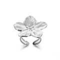 Detail of silver floral stainless steel ring featuring textured five-petal flower petals - Silver Brushed 5-Petal Open Flower Ring(ring-J6745)