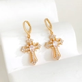 Elegant gold-plated cross drop earrings with pavé crystals on a minimalist display - KC Gold Oval Main Stone Cross