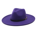 Detail of purple wool fedora hat with wide brim, black leather band and gold buckle - Adult 56-59cm / Purple