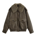 Deep olive green PU leather utility jacket with faux fur collar and flap pockets - XS / Army Green