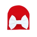 Cozy red newborn knitted beanie featuring a large white bow for 0-6 months infants - 0-6 Months / Red and White