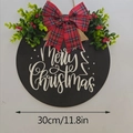 30cm Merry Christmas wooden door sign with red plaid bow and green foliage accents - Black Merry Christmas Sign