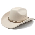 Classic beige wool felt cowboy hat with gold chain trim and woven band on white background - M (56-58cm) / Beige