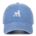 Detailed view of white poodle embroidery on washed blue cotton denim baseball cap - Light Blue