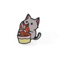 Cute cartoon gray cat enamel pin eating pink and orange ice cream with black metal border - Grey Cat Eating Ice Cream