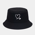 Minimalist black cotton bucket hat featuring white heart embroidery for couples - M (56-58cm) / Black