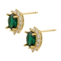 Detail of gold cluster earrings with emerald green zircon and white crystal halo stones - Gold Green Zirconia