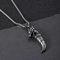 Vintage stainless steel wolf head pendant necklace with tooth charm on a black box chain - Wolf Tooth