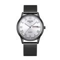 Minimalist men's quartz watch with black mesh band and silver sunray dial with double date - Black Case White Dial (Mesh Strap Men)