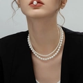 Elegant double-layered white pearl necklace with glossy finish shown on neck model - White