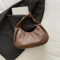 Dark brown woven leather underarm bag with a hobo crescent shape and knotted handle - Brown