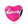 Pink heart-shaped enamel charm in S925 silver with Love engraving for DIY bracelets - 925 Silver / LOVE Drip Glue Heart Bead
