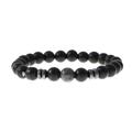 Men's 8mm matte black natural stone stretch bracelet with gray spotted bead and silver accents - Black (Gray Spotted Bead + Elephant)