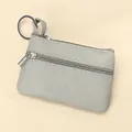 Slim grey genuine leather coin purse with double zipper and silver metal keychain - Titan Grey