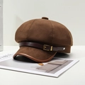 Berretto newsboy marrone in lana con cinturino in pelle e fibbia dorata vintage - Taglia unica / caffè