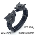 Men's black steel wire bangle featuring dual wolf heads with detailed engraving - Black