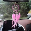 Pink dream catcher car charm with feathers hanging from a rearview mirror in car interior - B0051D Pink 8cm