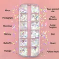 12-grid set of holographic nail glitter sequins in moon, star, and butterfly shapes - T-352 (Mermaid Mixed Shapes)