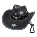Black straw western cowboy hat featuring a silver bull head metal badge and chin strap - M (56-58cm) / Black