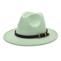 Detail of mint green wool fedora featuring a brown leather band and gold snake texture buckle - M (56-58cm) / Mint Green