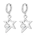 Close-up of silver hoop earrings with hollow star pendants and white pearl accents - Steel Color Star Pendant Earrings B
