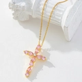 Gold cross necklace featuring teardrop pink zircon pendant on a white stone base - Gold/Pink Gemstone Cross/L