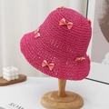 Chapeau de paille tissé fuchsia pour femmes orné de délicats nœuds roses et verts - Taille Unique (54-58CM) / Rose rouge