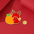 Cartoon red dragon enamel brooch holding an orange for good luck with gold butterfly clasp - Great Fortune Red Dragon
