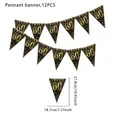 Close-up of black and gold 60th birthday triangle banner bunting with 12PCS size info - 60th Birthday / 12-Piece Set