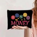 Close-up of black canvas bag with BINGO MONEY print and a silver metal zipper detail - Bingo Money Style