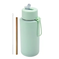 Mint green 1L stainless steel vacuum insulated sports bottle with golden straw and brush - 1 L / Pop-up Straw Lid / Pale Green