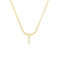 Close-up of golden snake chain necklace with sparkling crystal rectangle pendant - Letter I