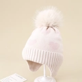 Detailed knit texture of girls winter hat with pink heart jacquard and faux fur pompom - Approx. 3-8 Years / Off White