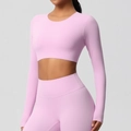 Close-up of pink long-sleeved yoga top showing high-stretch breathable fabric texture - S / Sakura Pink