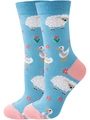 Detail of light blue crew socks with white sheep, duck motifs and pink contrast heel - EU 36-42 / Blue Sheep and Duck