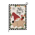 Christmas garden flag with gnome and holly days design on beige linen fabric - Christmas Gnome-Holly Days