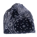Detailed view of dark blue paisley pattern on soft knit fabric of the slouchy beanie hat - Small Paisley Teal