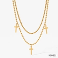 Double-layer gold cross necklace with twisted rope chain and bead chain charms - Gold Necklace (KCD621)