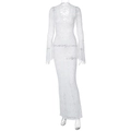 Detailed close-up of white sheer floral lace fabric on a long sleeve slim fit dress - S / White