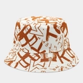 Detail of flat top bucket hat with brown graffiti print and neat stitching on canvas - Brown Graffiti on White (Color #11)