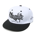 Flat brim snapback hat with black and white contrast and Thuglife gothic embroidery - M (56-58cm) / White Body with Black Brim (E)