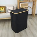 Cesto portabiancheria in Oxford nero con cornice in bambù e doppio coperchio 57x37x70cm - 57x37x70cm / Nero Grande (Doppio Coperchio 2 Sacchi)