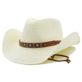 Beige straw Western cowboy hat with turquoise beaded leather band and chin strap - Creamy White