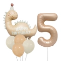 Detail of matte cream dinosaur and number 5 foil balloons for birthday party decor - Caramel Dinosaur Set 5 (Number 5)