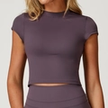 Women's smoky purple yoga set with brushed short sleeve crop top and high waist leggings - Eggplant Purple