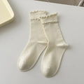 Creamy white crew socks for women with vintage ruffle cuffs and combed cotton finish - Milk White