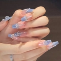 Long coffin press-on nails with blue gradient, rhinestone chains, and butterfly accents - HY257 Blue Gradient Rhinestone Butterfly