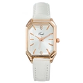 Women's quartz watch with rose gold octagonal case and white embossed leather strap - White