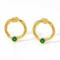 Gold ripple texture stainless steel stud earrings featuring a round green zircon stone - Gold Green Zirconia Style (KED759)