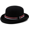 Elegant black wool bowler hat for women featuring a stylish tri-color striped ribbon band - M (56-58cm) / Black With Red White Blue Striped Band (JXF-527-4)